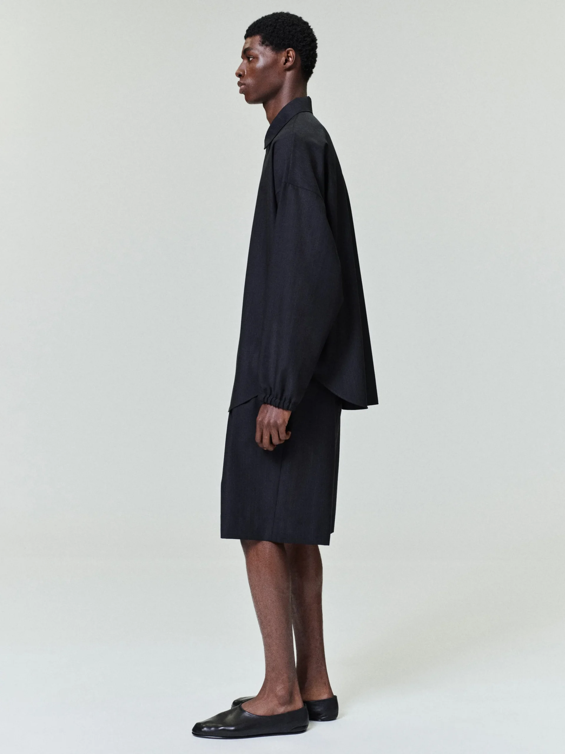 Black Striped Wool Baggy Shorts