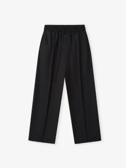 Black Striped Wool Wide Leg Drawstring Pants