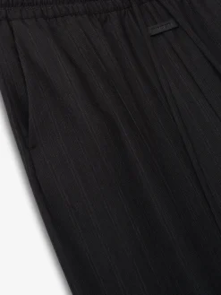 Black Striped Wool Wide Leg Drawstring Pants
