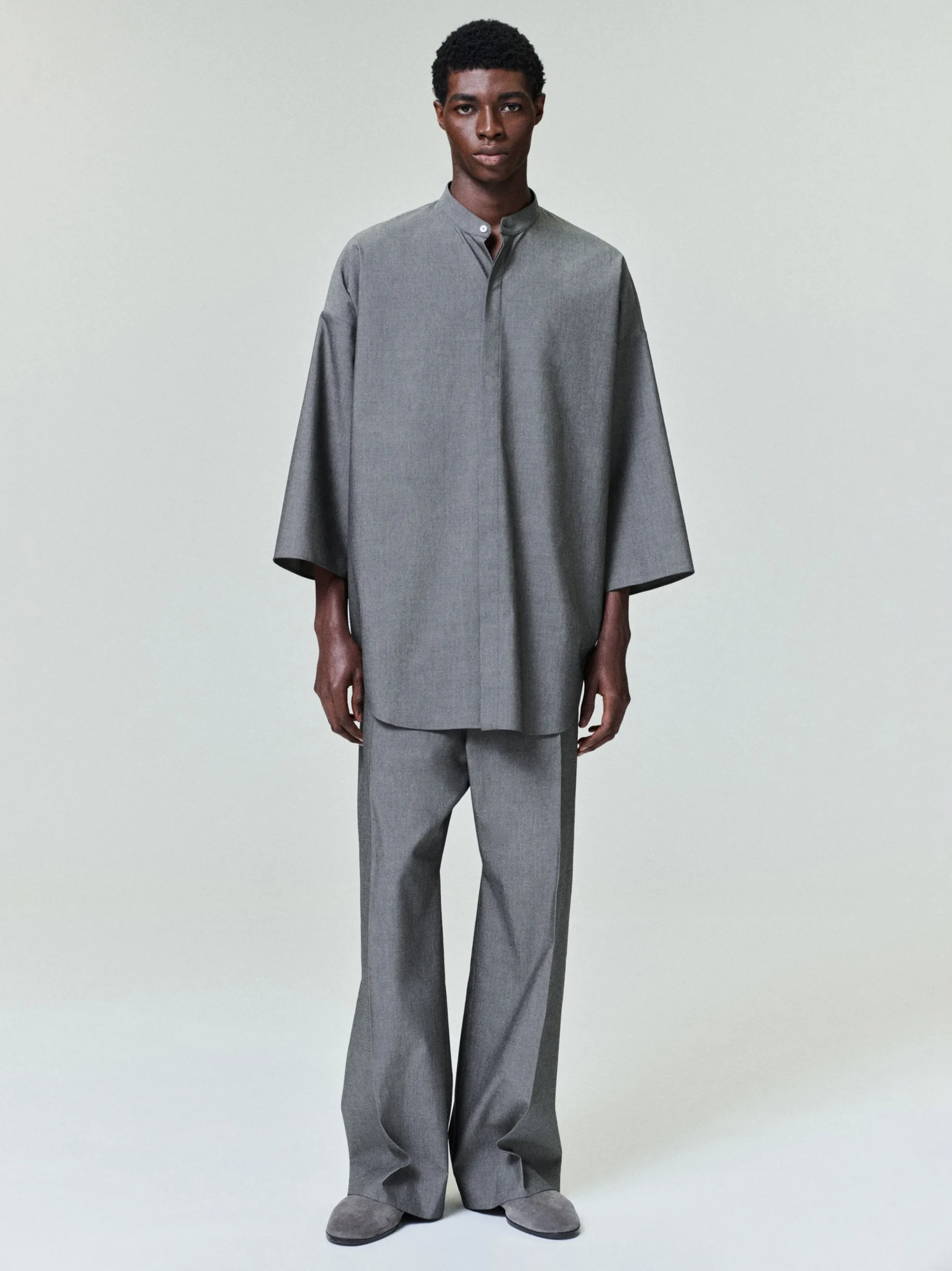 Cotton Wool Oxford Mandarin Relaxed Short Sleeve Shirt