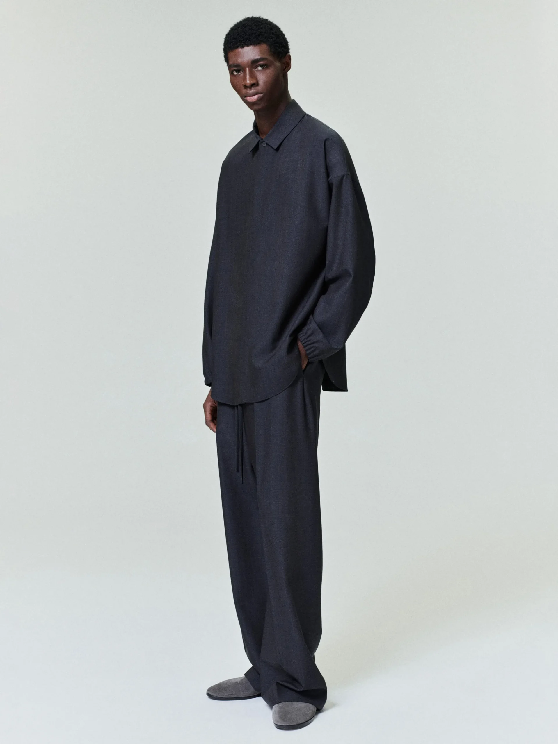 Grey Striped Wool Elastic Cuff Shirt