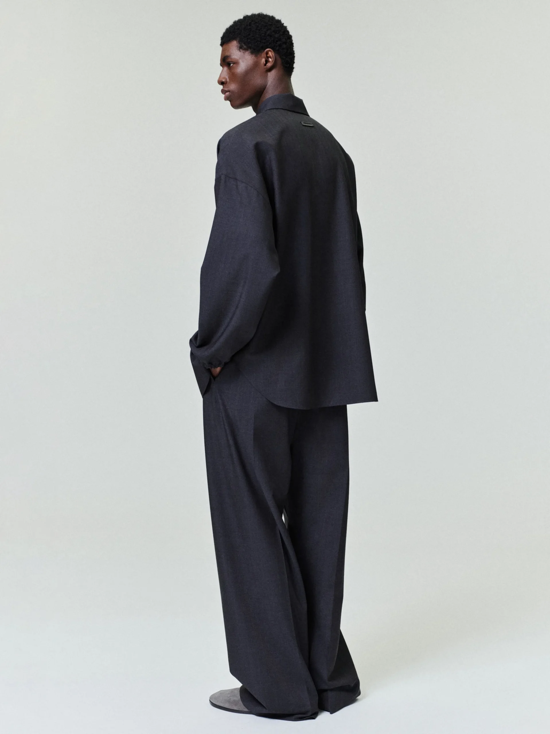 Grey Striped Wool Elastic Cuff Shirt