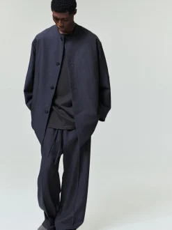 Grey Striped Wool Wide Leg Drawstring Pants