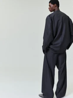 Grey Striped Wool Wide Leg Drawstring Pants