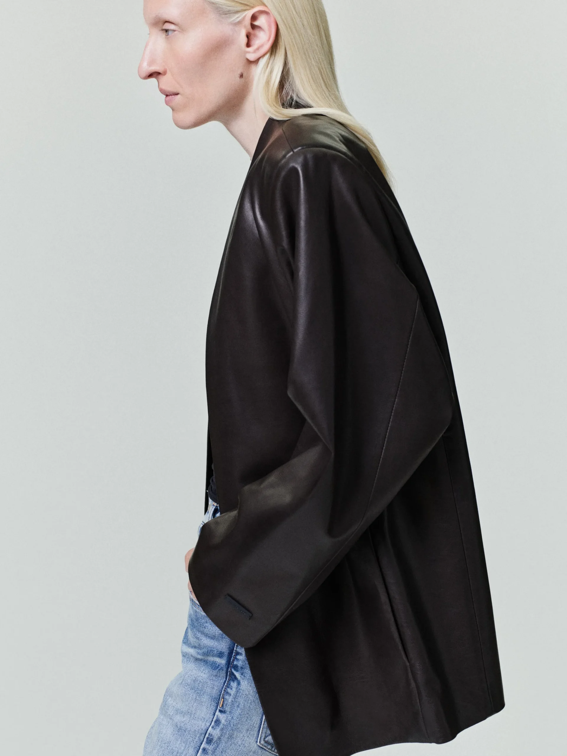 Womens Leather Collarless Jacket